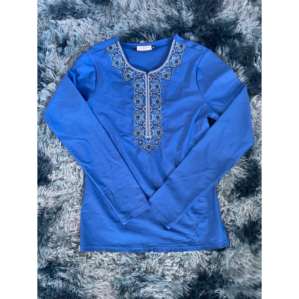Cabana Life Embroidered Swim Top UPF 50+ Long Sleeve Blue Size‎ S